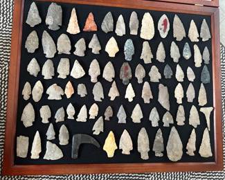 Native artifacts: arrowheads, Celts, axe heads, primitive bows from Flint, Genesee County area; Farm Fields 1880s