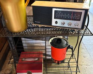 Mid-century metal accent table; metal pitcher and cups; Panasonic radio