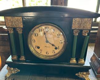 Antique Sessions Mantle Pillars Art Deco Gong Chime Clock Lion Heads ; circa 1910-20; case restored
