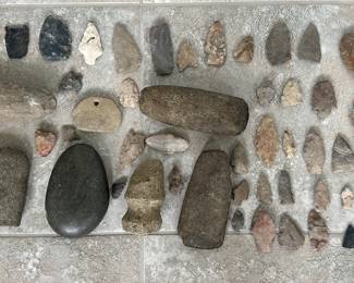 Native artifacts: arrowheads, Celts, axe heads, primitive bows