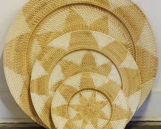 152 - 3 Rattan Light Brown Woven Basket Plates 28"
