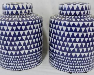93 - Pair Lidded Blue & White Ginger Jars 10"
