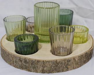 7 - Wood Tray with Green Votives 5.5x9"
