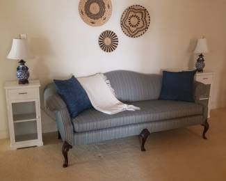 Chippendale style sofa; white end tables - two available; table lamps