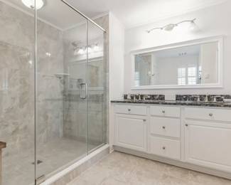 Glass shower door; contemporary bath vanity