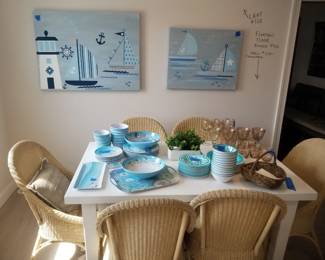 Dining set seats 6. Coastal tableware & art