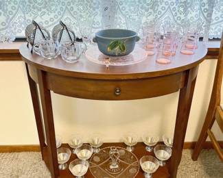 Weller Blue Cornish Pottery bowl, pink depression glasses