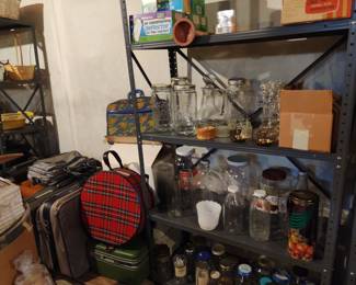 Vintage luggage, glassware