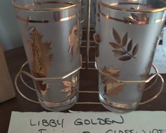 Mid century Libby golden foliage glass wire caddy 