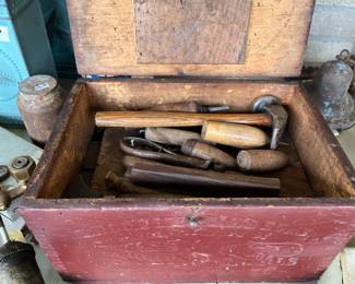 BOX OF ANTIQUE COBBLER TOOLS