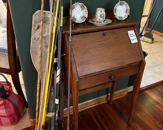 Petite antique oak secretary desk and more fishing rods!