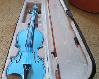 Blue violin modified with light strings - can be restrung to serve as a violin.