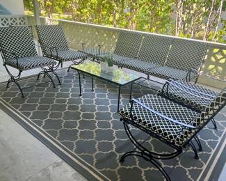 Such lovely vintage iron patio furniture. Cushions in great shape and zero rust. Searched for maker but couldn't find. Asking  $1,500 for the 11 piece set. Includes sofa, 4 chairs, coffee table, 3 side tables, and 2 lounge chairs. 