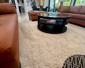 Pretty wool shag rug and round coffee table. Rug measures 8'5" x 11" and wood/glass coffee table 44" diameter. Asking $75 for rug and $175 for coffee table.