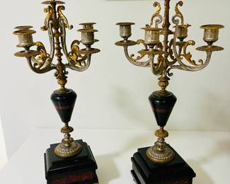 Pair of Victorian brass and marble candelabras. Each with 4 candle holders. Marble base on decorative brass feet. Matching mantle clock.
Asking $600 for the pair