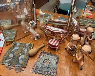 Antique beaded purses; mid century cats; bone china vanity set