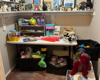 Kids toys on the table and cat toys and stuff on shelves