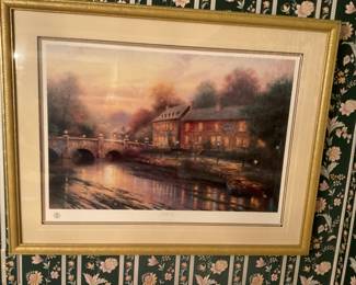 Thomas Kincaid ‘Lamplight Inn.'  There are 4 Kincaids featured in this auction: Conquering the Storm (Canvas), McKenna's Cottage (Canvas) and Village Inn.  All are beautifully framed.