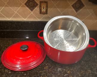Le Creuset Cast Iron  Round Dutch Oven, 9 1/2 qt and Stainless Steel Deep Steamer Insert.  