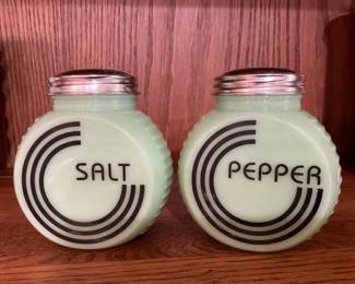 Unique Salt & Pepper shakers. Retro design, Art Deco, Jadite color.