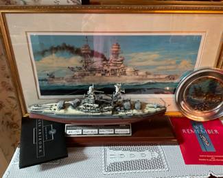 USS Arizona Ship replica, Framed John Roach Signed and Numbered Lithograph.  Rare 3 piece collection.