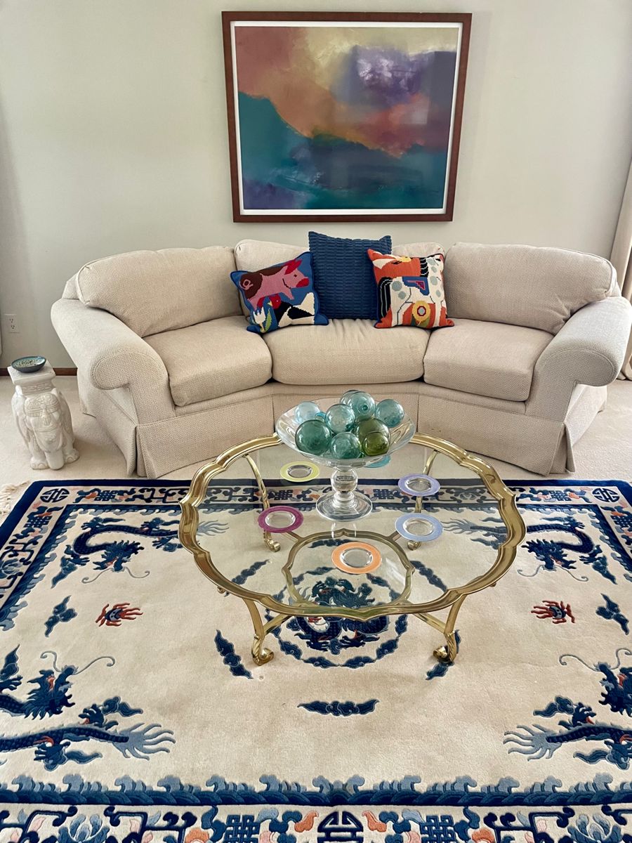 Emerson Litho, Abstract Needle Point Pillows, Highland House Couch, Glass/Brass Coffee Table, and Wool Chinese Rug 