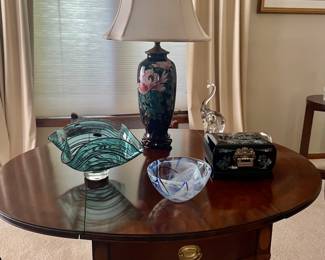 Inlaid Drop Leaf Table (Gabberts), Kosta Boda Bowl, Art Glass,  Chrysanthemum Vintage Lamp, and more...