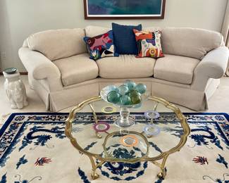 Emerson Litho, Abstract Needle Point Pillows, Highland House Couch, Glass/Brass Coffee Table, and Wool Chinese Rug 