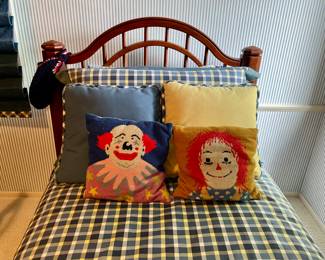 Raggedy Ann & Clown Needlepoint Pillows Along with Coordinated Bedding 