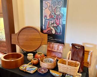 Vintage Dansk Round Tray & Bowl, Vintage Picasso Poster, Leather Wine Carrier,  Longaberger Baskets, and more...