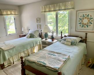 Twin Beds with The Company Store Linens, Custom Pillows,  Quilts, Braided Rug, and more...