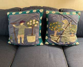 Susan Sargent Folk Art Pillows and Couch from Wesley Hall