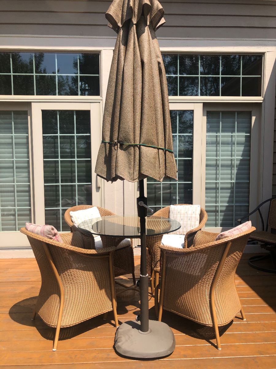 Woven Chairs, Table, Umbrella