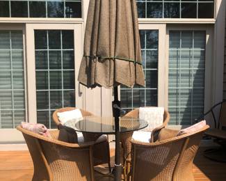 Woven Chairs, Table, Umbrella