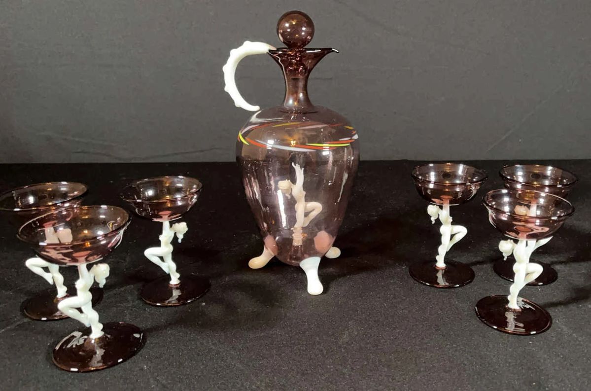 Rare Bimini Glass Liqueur Decanter Glassware Set