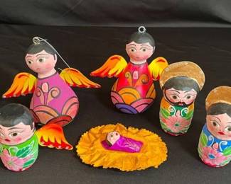 Mexican Papier Mache Doll Angels, Manger  Christmas Ornament Set