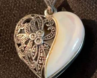 Ornate, Silver Heart Locket with Mother of Pearl
