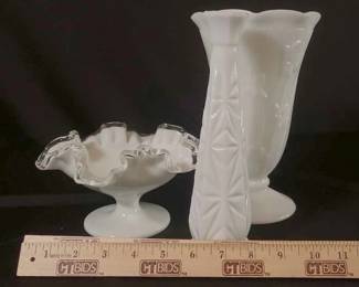 Milk glass vases and bowl