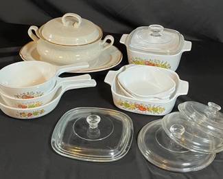Corningware cookware and Baroque tureen and serving plate sets