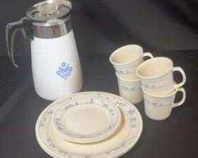 Corning Corelle vintage plates, mugs, and carafe set
