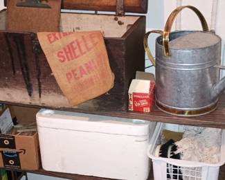 Antique Wooden Tool/Artist Box, Galvanized Watering Can, Scale, Paint Brushes