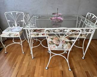 White Wrought Iron Glass Top Dining Table with 4 Floral Upholstered Seat Chairs