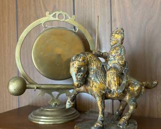 Brass Dinner Gong, Gold Tone Sculpture of a Warrior Mounted on Horse