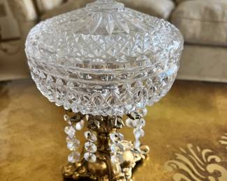 Brass & Cut Crystal Diamond Pattern Compote Candy Dish
