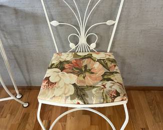 White Wrought Iron Glass Top Dining Table with 4 Floral Upholstered Seat Chairs