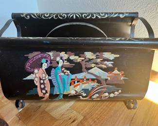 Japanese Painted Tin Magazine Rack with Geisha Design