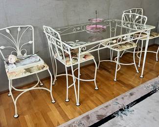 White Wrought Iron Glass Top Dining Table with 4 Floral Upholstered Seat Chairs