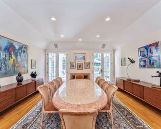 INLAID SHELL DINING TABLE & CHAIRS
