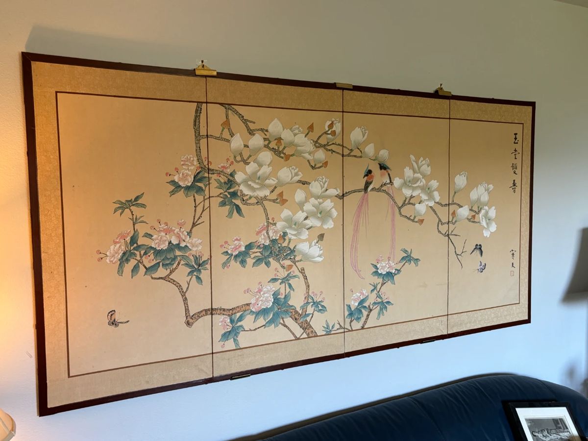 Japanese Style Four Panel Screen Magnolia Tree With Birds