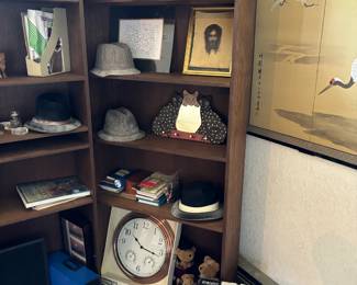 Book cases, vintage hats and other items.